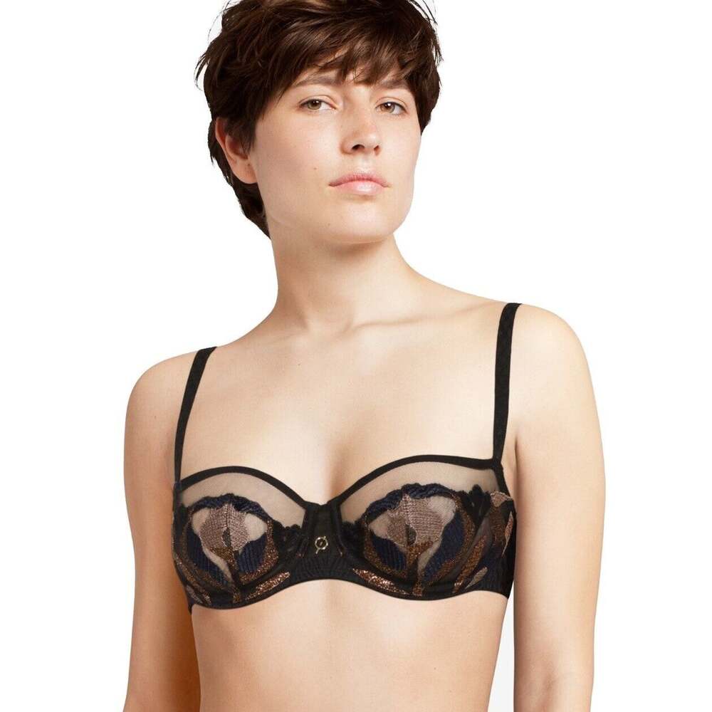 Chantelle Women Black/Bronze Sheer Lace Montaigne Underwire Demi Bra Size 32B